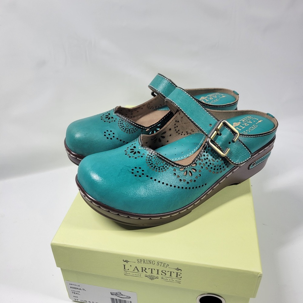 L'Artiste Aneria Mary Jane Shoe Womens 37 Green Leather Comfort Clog New *Flaws